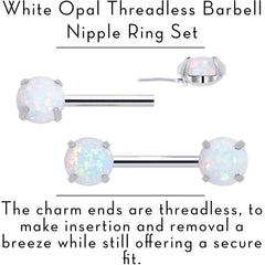 14G 1/2 White Synthetic Opal Threadless Barbell Nipple Ring Set