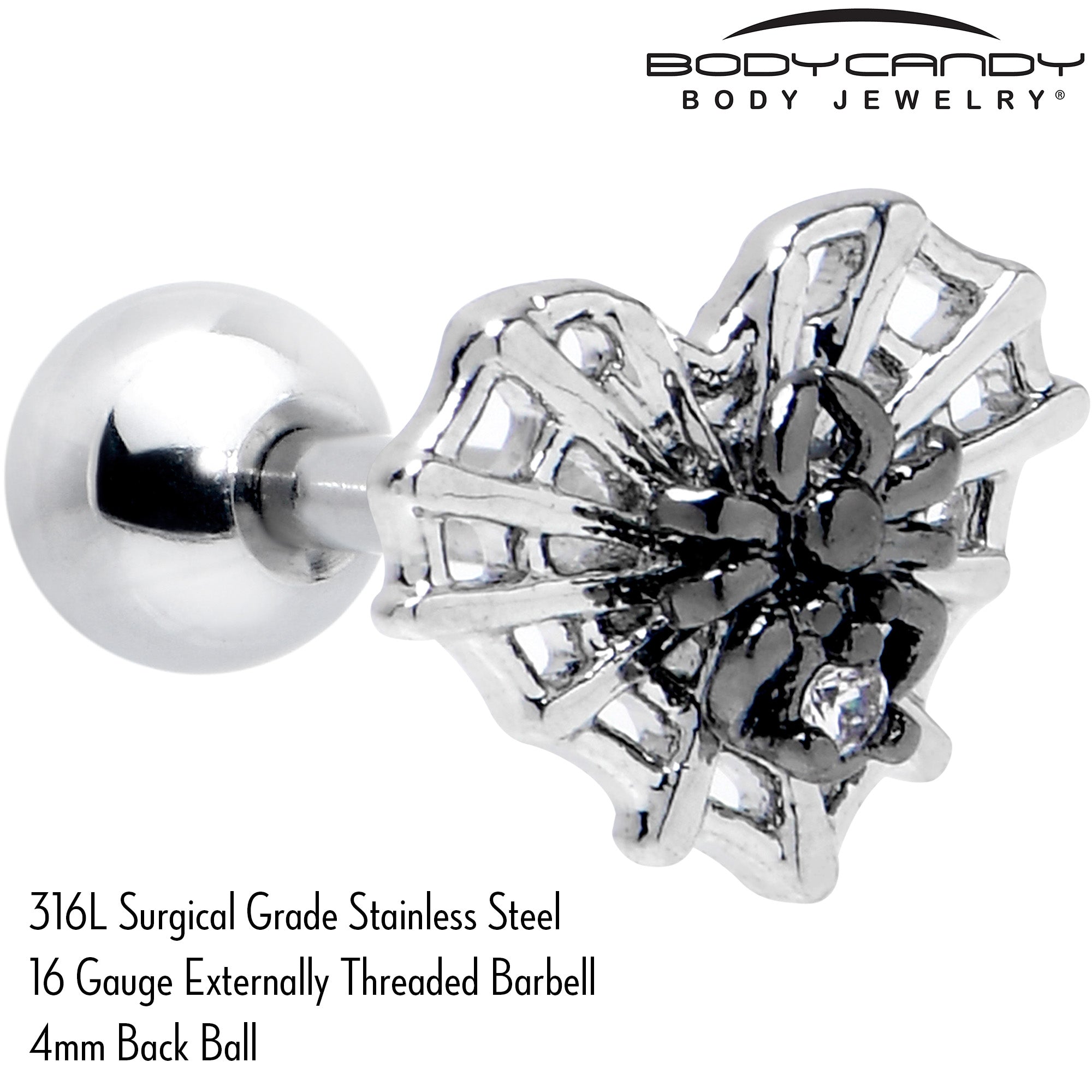 16G 1/4 Clear CZ Gem Heart of Spider Cartilage Tragus Earring