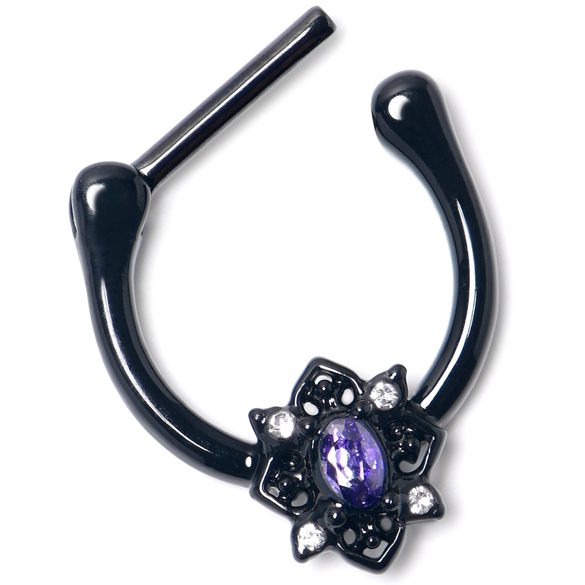 16G 5/16 Purple Gem Black Scrolling Hearts Cartilage Clicker