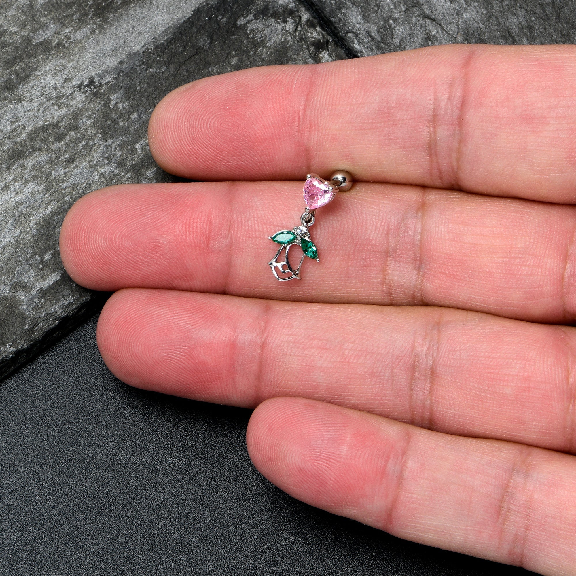 16G 1/4 Pink CZ Gem Heart And Rose Dangle Cartilage Earring