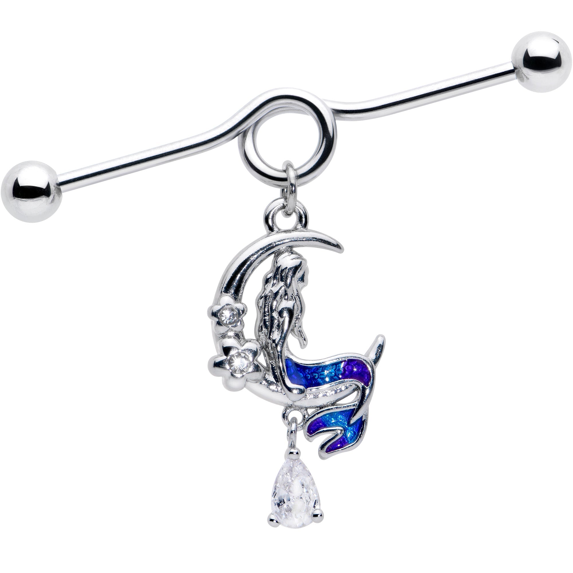 14G Clear Gem Floral Mermaid Moon Dangle Project Bar 38mm