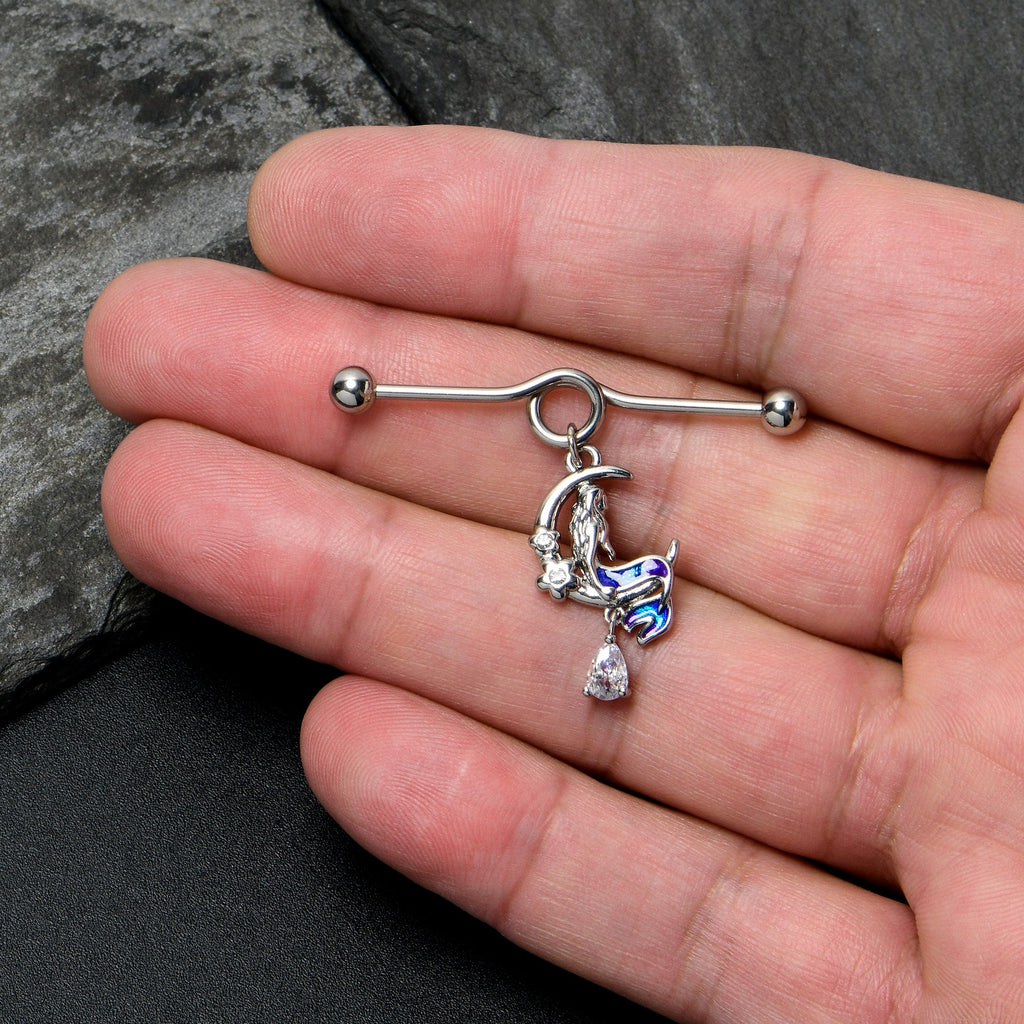 14G Clear Gem Floral Mermaid Moon Dangle Project Bar 38mm
