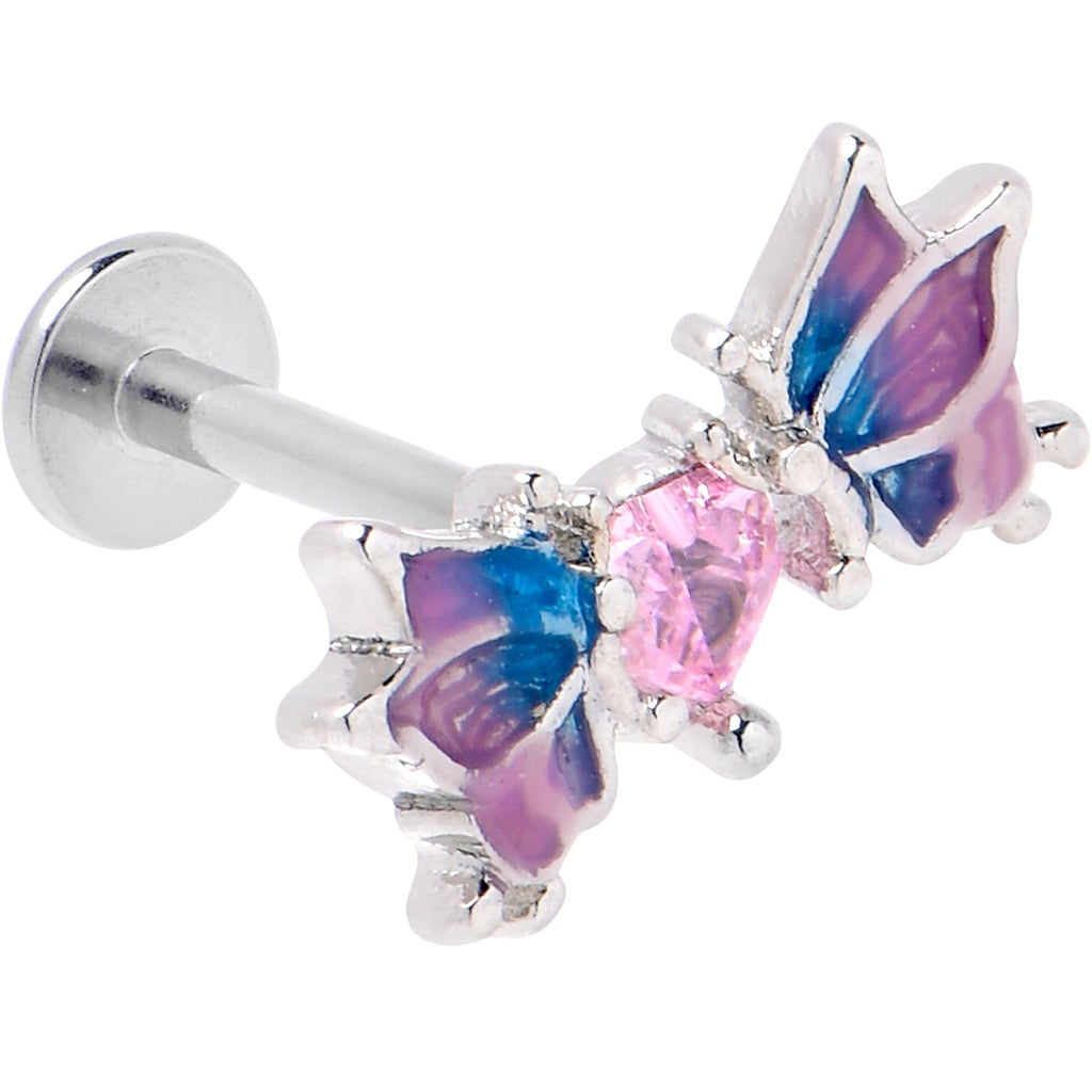 16G 5/16 Pink CZ Gem Heart Butterfly Labret Monroe Tragus