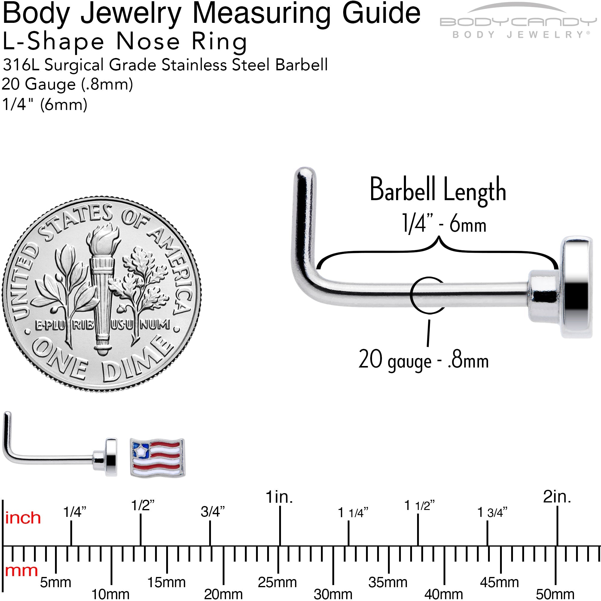 20G 7mm Patriotic Flag L Shape Nose Ring
