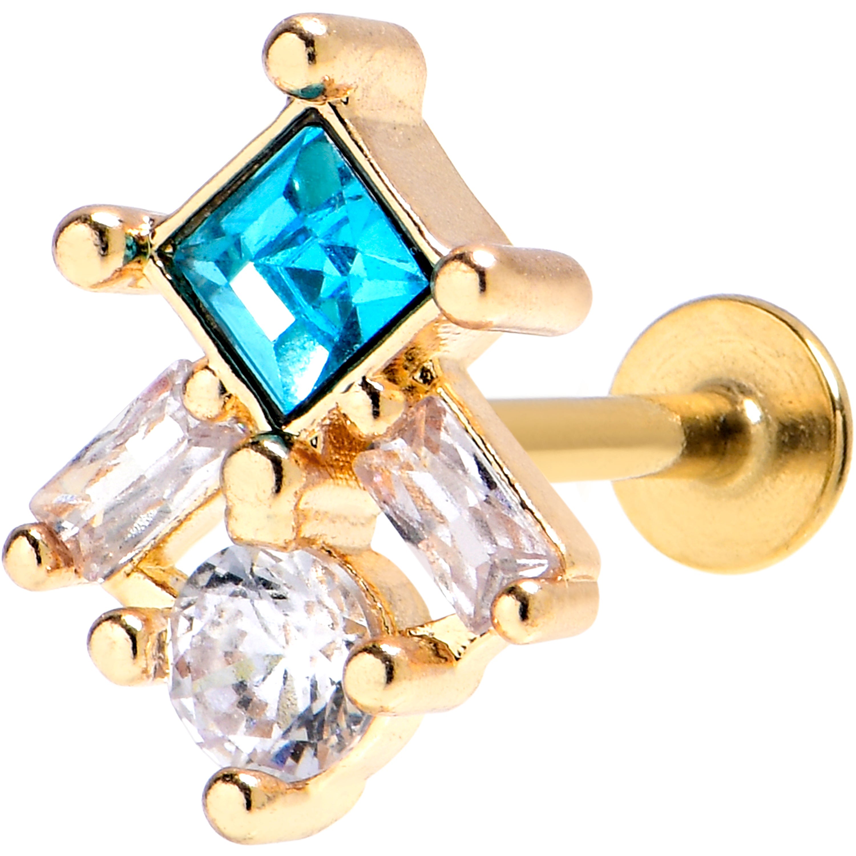 16G 5/16 Blue CZ Gem Gold Tone Rhombus Riot Labret Monroe Tragus