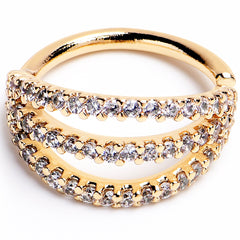 16G 3/8 Clear CZ Gem Gold Tone Faux Triple Hoop Closure Ring