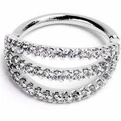 16G 3/8 Clear CZ Gem Faux Triple Hoop Closure Ring