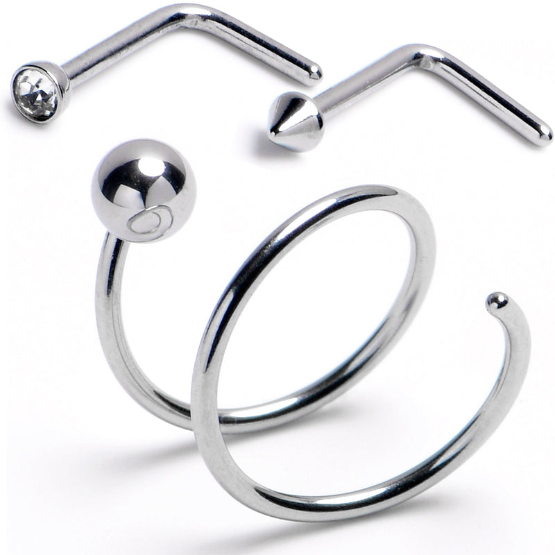 20G Gem Spike L-Shape Nose Ring Ball Twister Double Nose Hoop Ring 3 Pack