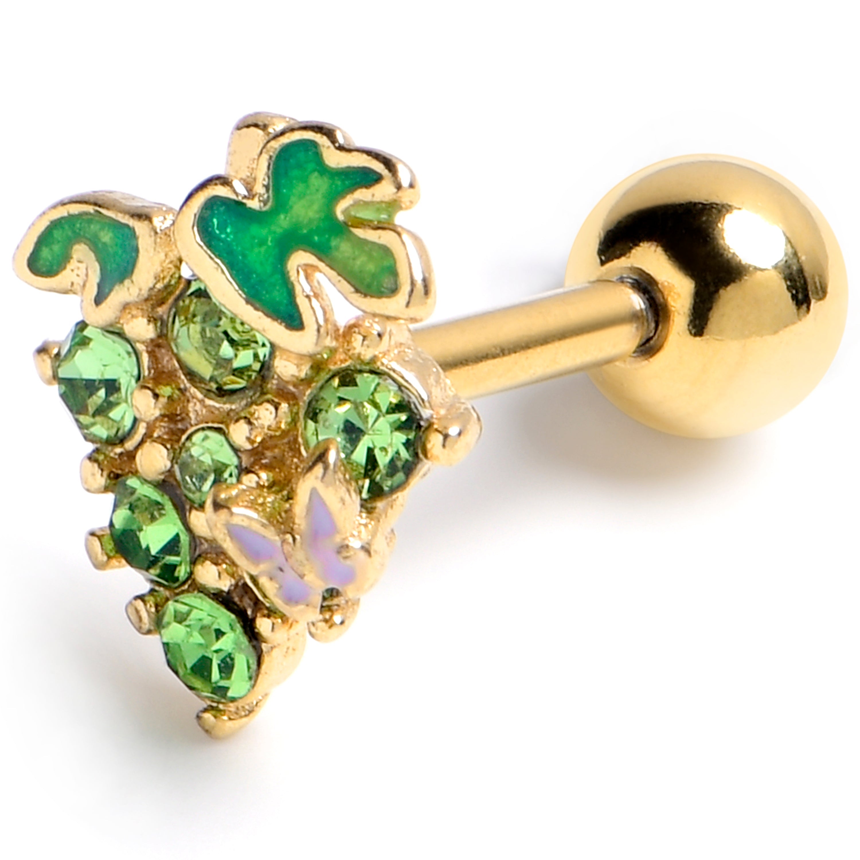 16G 1/4 Green Gem Gold Tone Butterfly Grapes Cartilage Earring