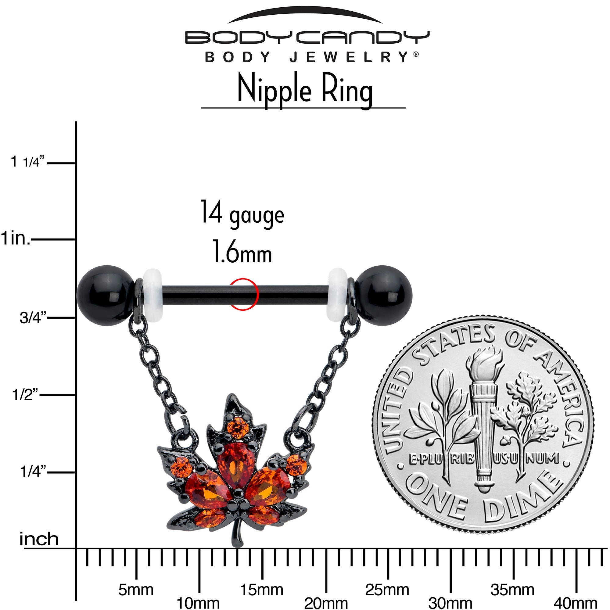 14G 9/16 Orange CZ Gem Black Autumn Leaf Dangle Nipple Ring Set