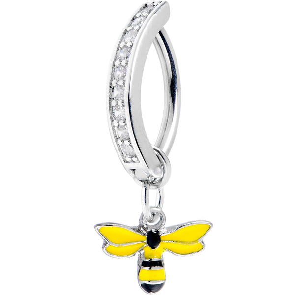 14G 3/8 Clear Gem Grade 23 Titanium Bee Dangle Hinged Hoop Belly Ring