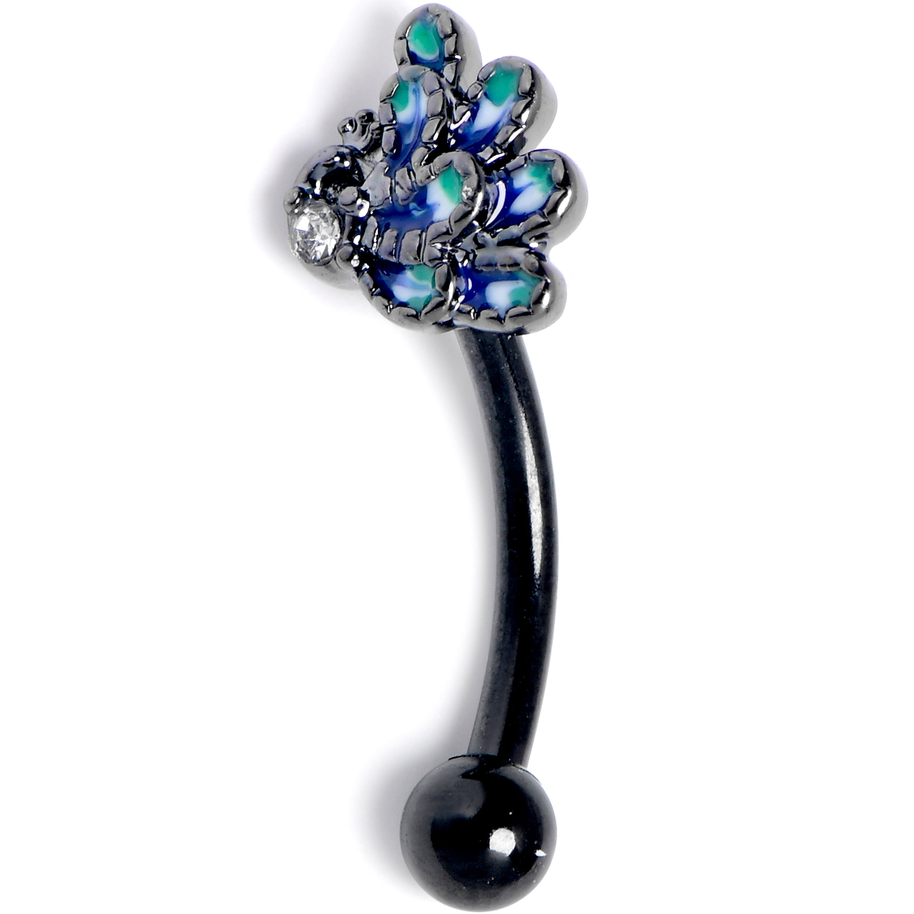 16G 5/16 Clear Gem Black Peacock Green Curved Eyebrow Ring