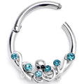 16G 3/8 Blue Gem Scrolling Elegance Hinged Segment Ring