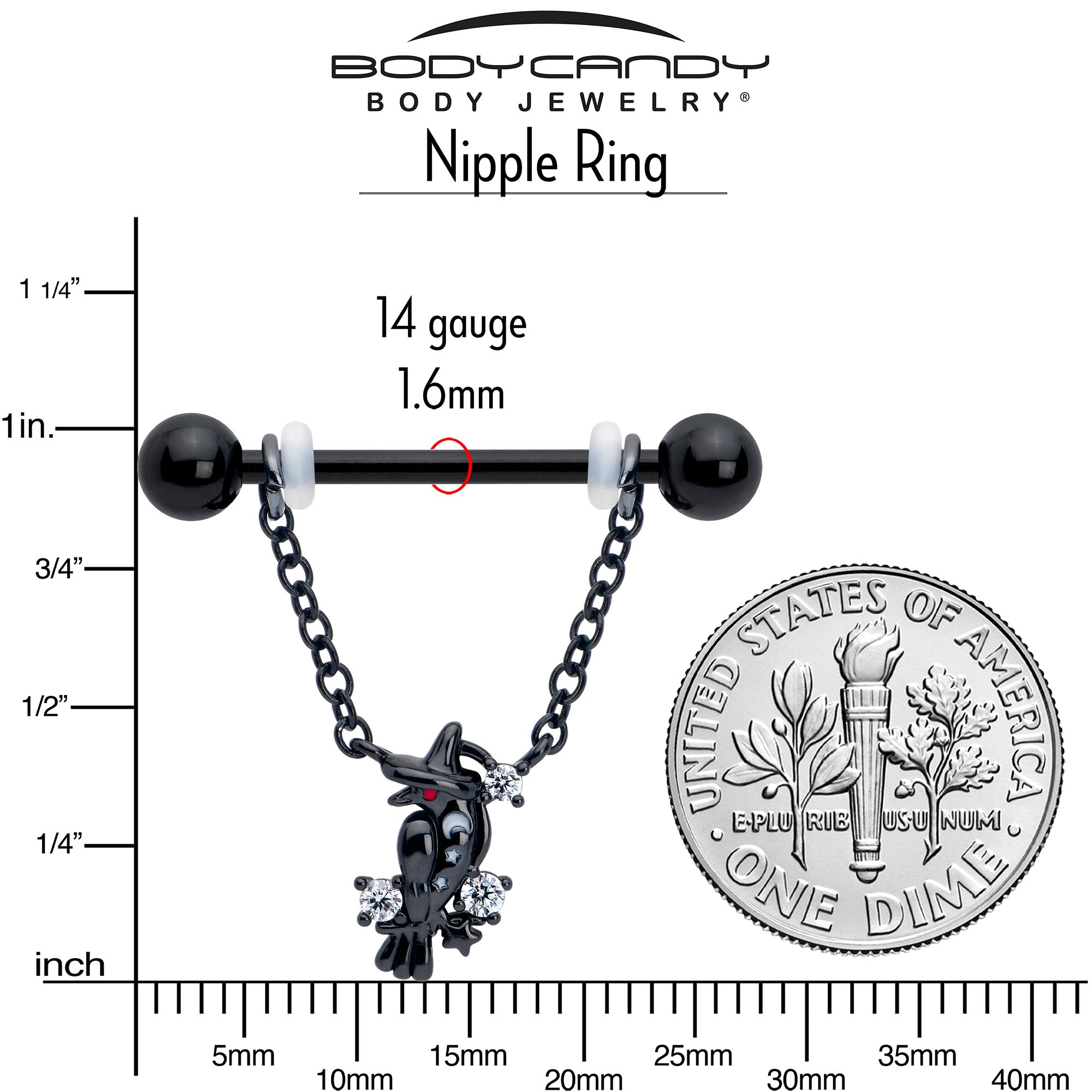 14G 9/16 Clear CZ Gem Black Raven Witch Dangle Nipple Ring Set