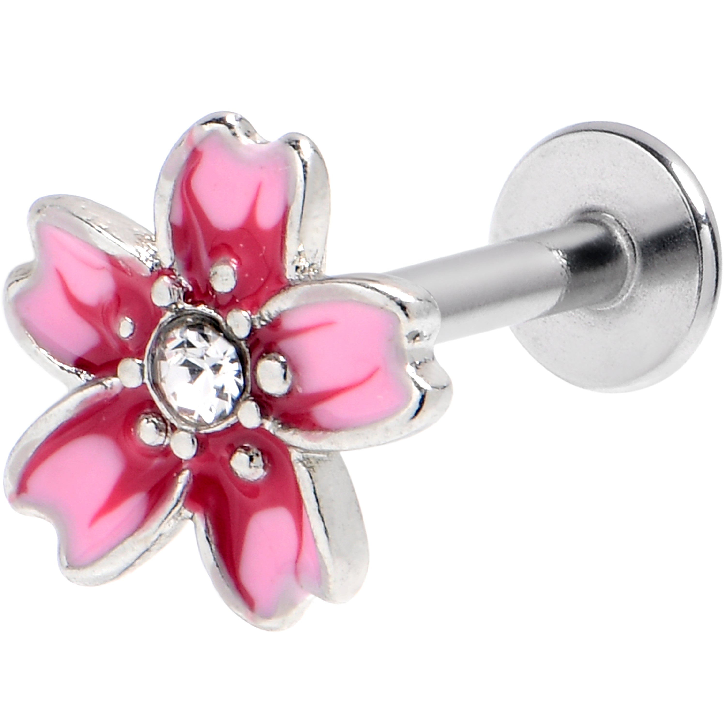 16G 5/16 Clear Gem Perfect Pink Flower Labret Monroe Tragus