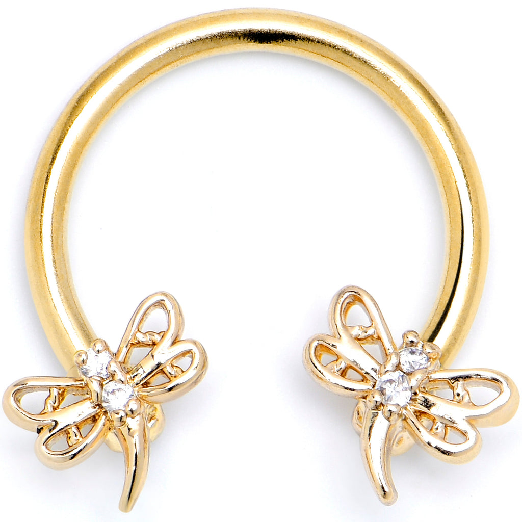 16G 3/8 Clear CZ Gem Gold Tone Dragonfly Deluxe Circular Barbell