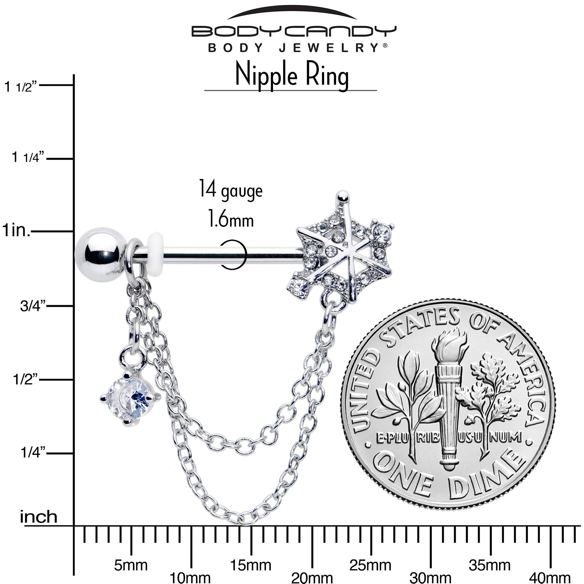 14G 9/16 Clear CZ Gem Spiderweb Chain Dangle Nipple Ring Set