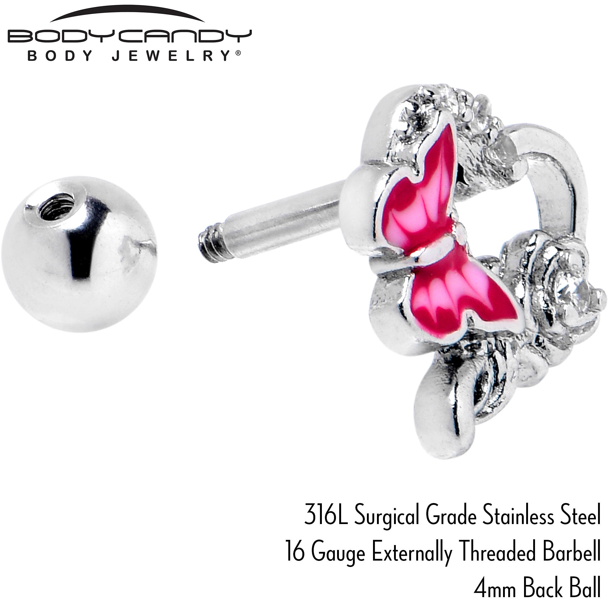 16G 1/4 Clear CZ Gem Butterfly Rose Pink Cartilage Tragus Stud