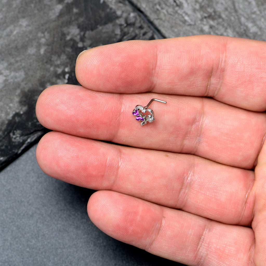 20G 7mm Clear CZ Gem Butterfly Rose Flower Purple L Shape Nose Ring