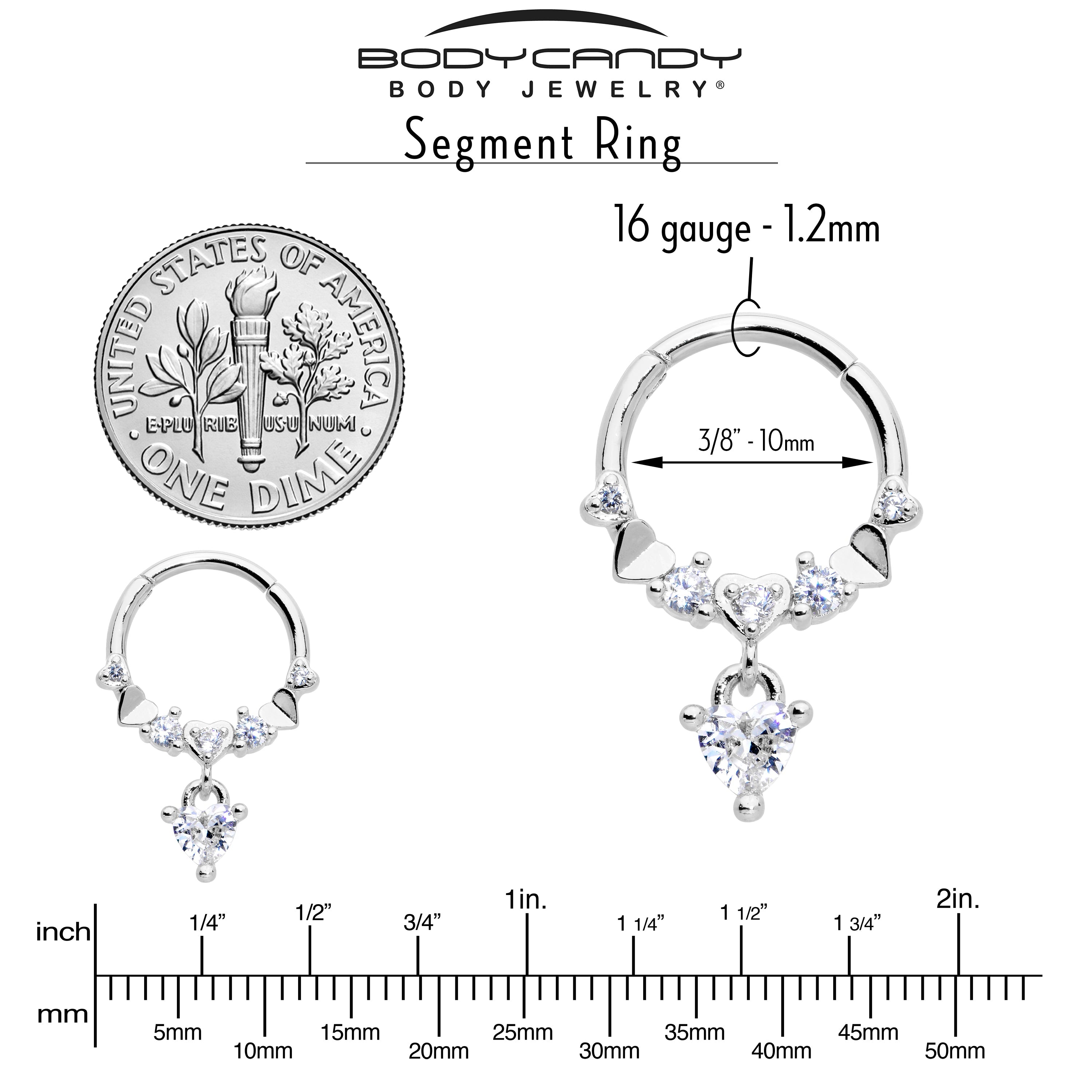 16G 3/8 Clear CZ Gem Love Heart Dangle Hinged Segment Ring