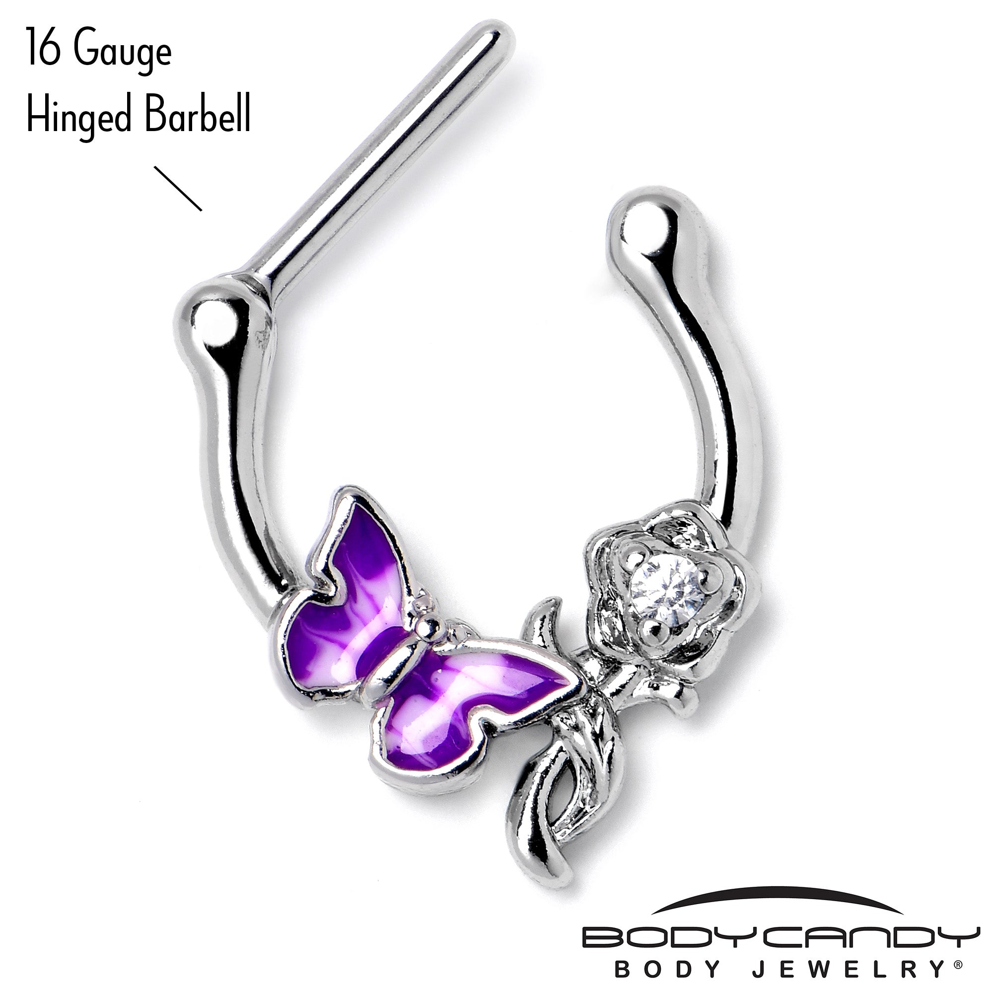 16G 5/6 Clear Gem Butterfly Rose Flower Purple Cartilage Clicker