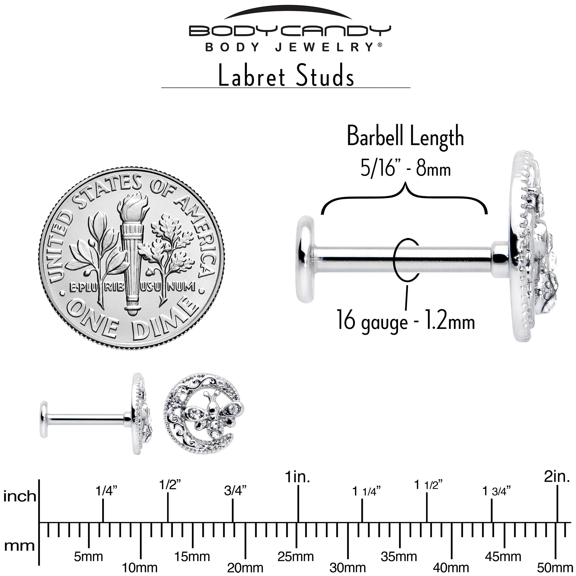 16G 5/16 Clear Gem Lunar Dragonfly Internally Threaded Labret Tragus