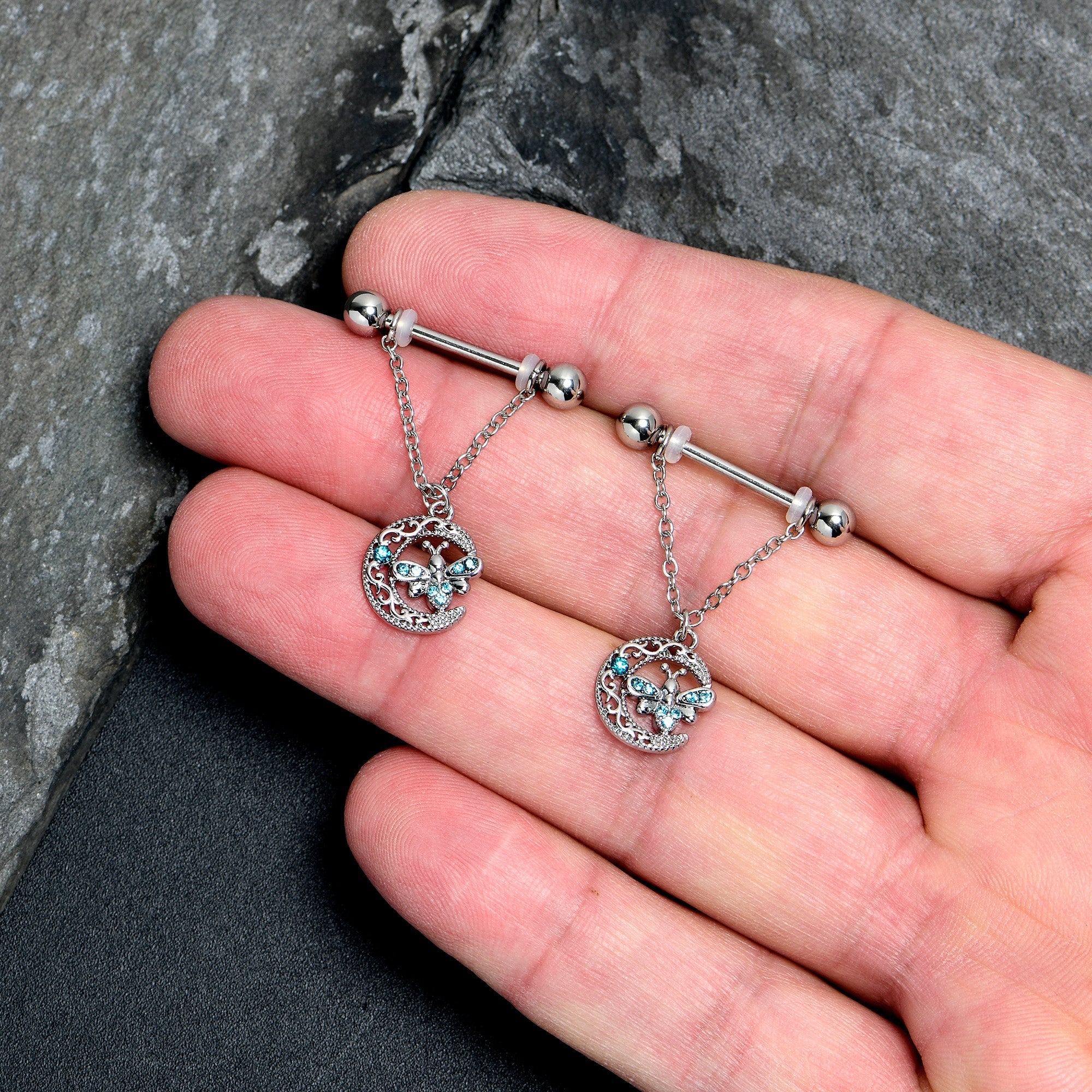 14G 9/16 Blue Gem Lunar Dragonfly Chain Dangle Nipple Ring Set