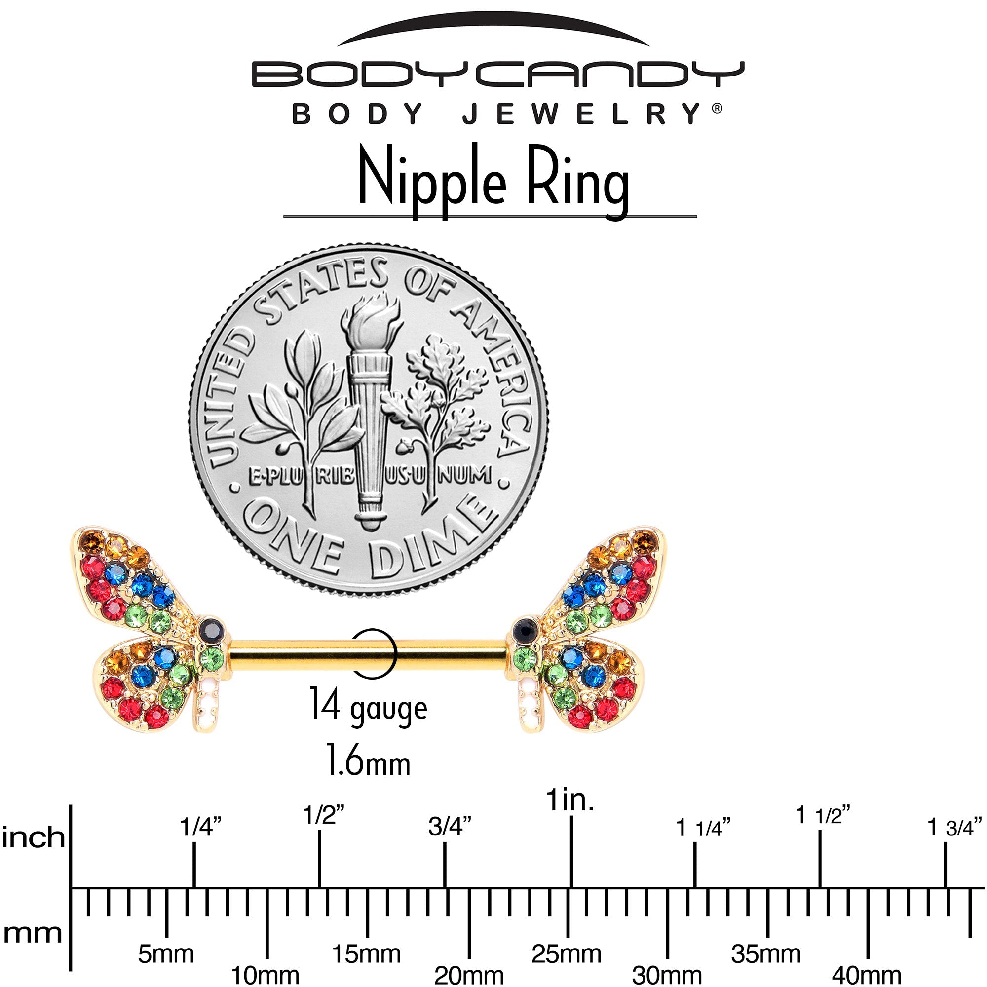 14G 9/16 Red Blue Gem Gold Tone Butterfly Barbell Nipple Ring Set