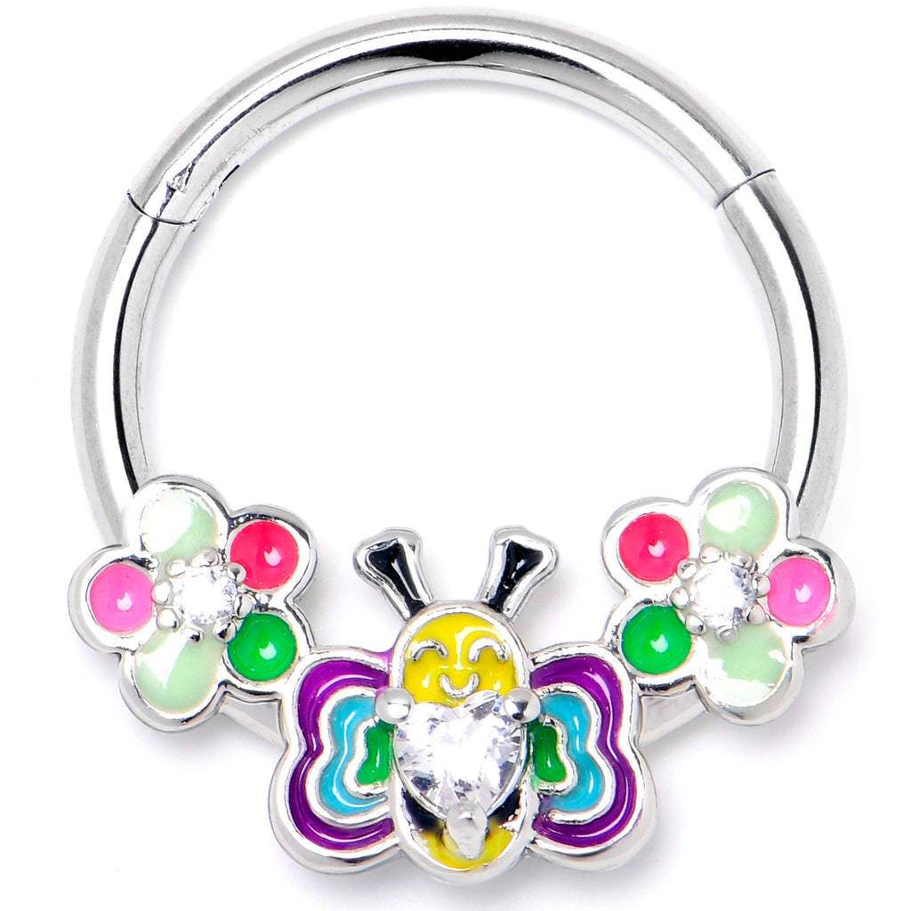 16G 3/8 Clear CZ Gem Butterfly Love Bug Hinged Segment Ring