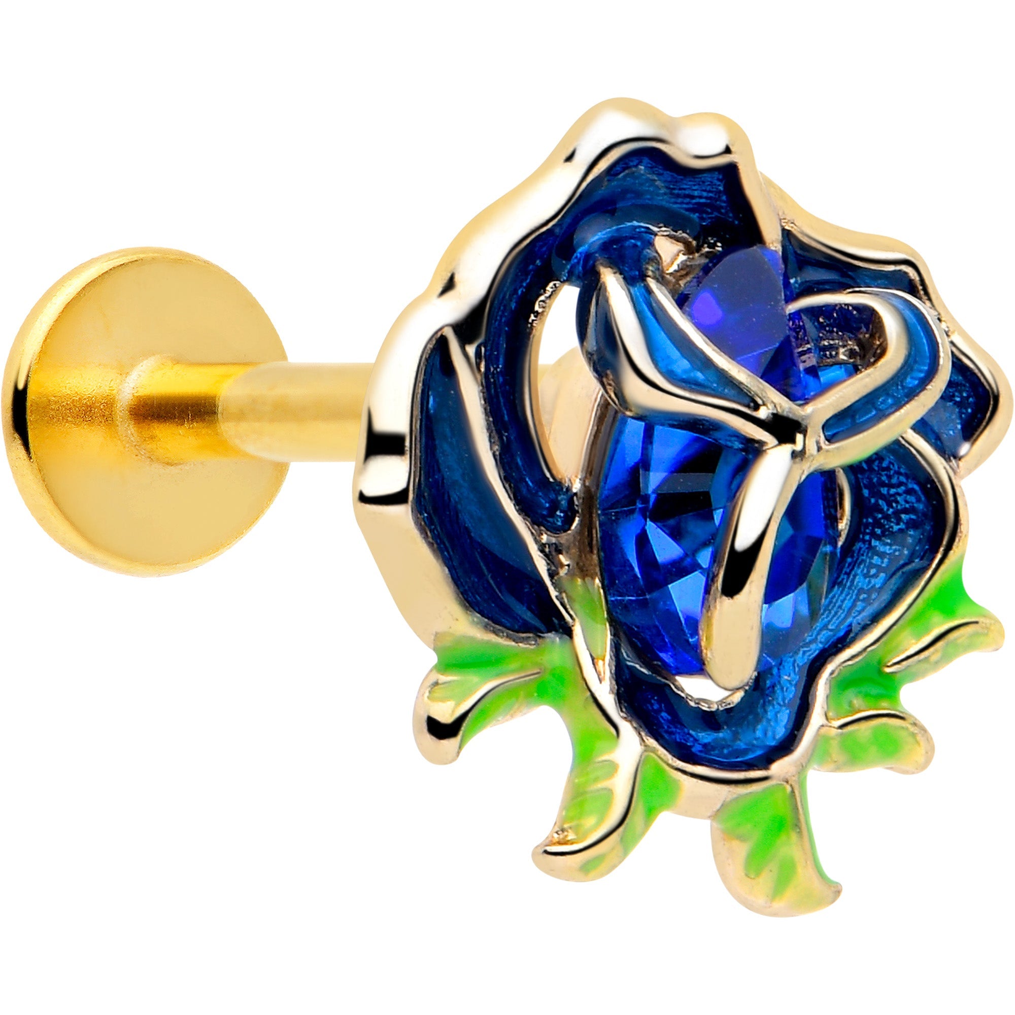 16G 5/16 Blue Gem Gold Tone Deep Blue Flower Labret Monroe Tragus