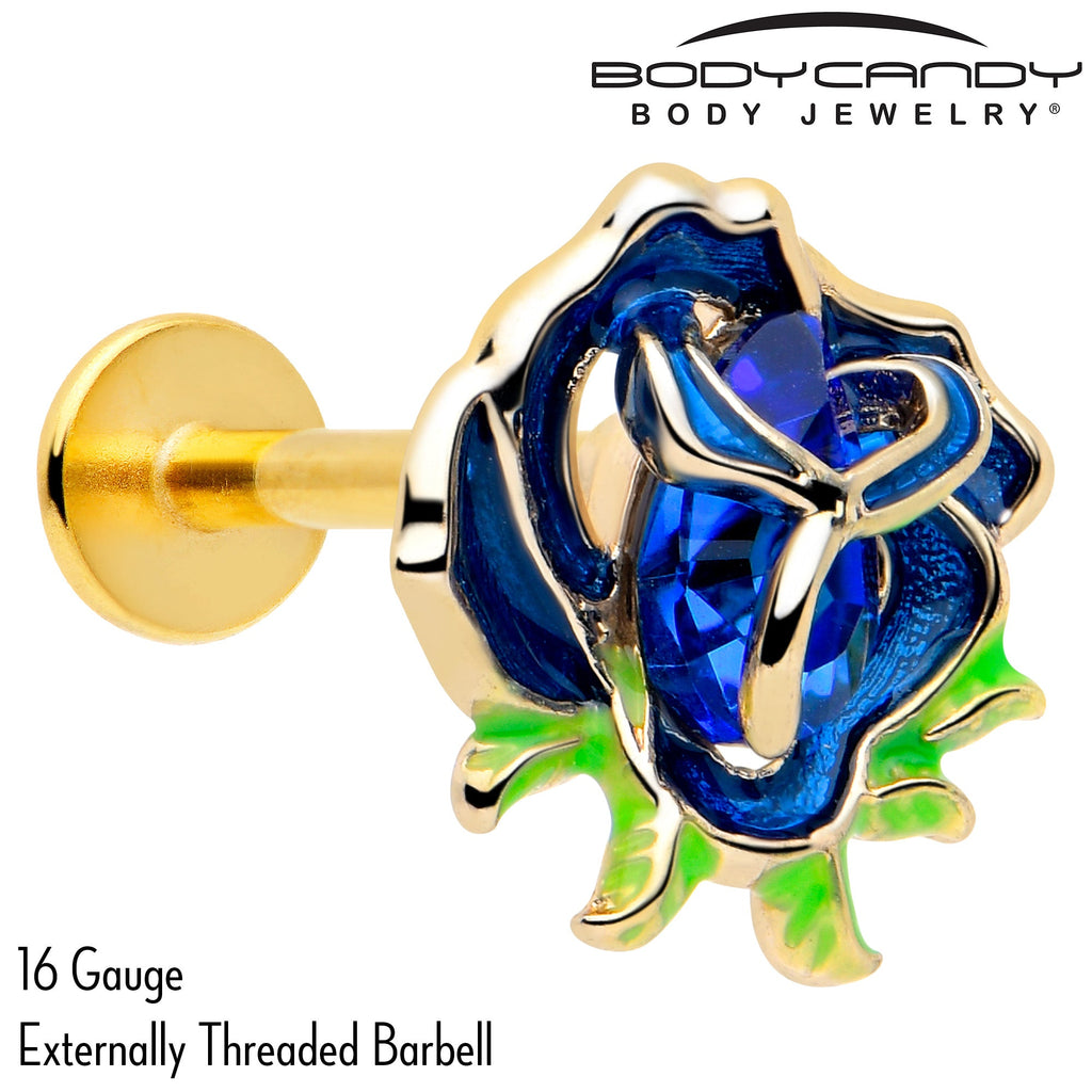 16G 5/16 Blue Gem Gold Tone Deep Blue Flower Labret Monroe Tragus