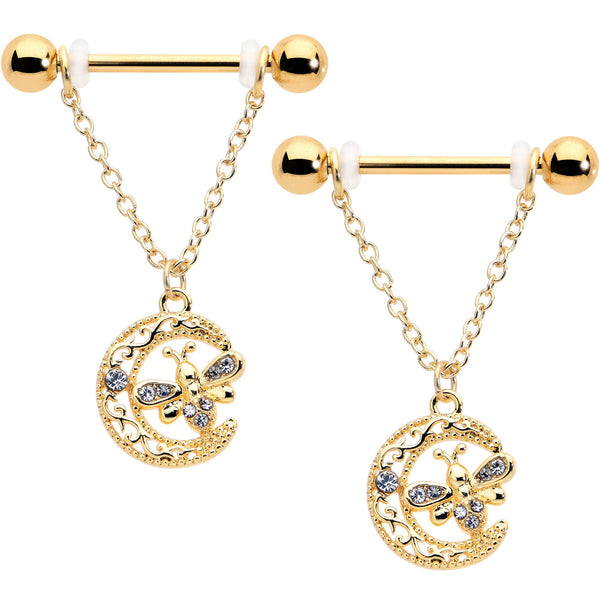 14G 3/4 Clear Gem Gold Tone Lunar Dragonfly Dangle Nipple Ring Set