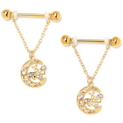 14G 3/4 Clear Gem Gold Tone Lunar Dragonfly Dangle Nipple Ring Set