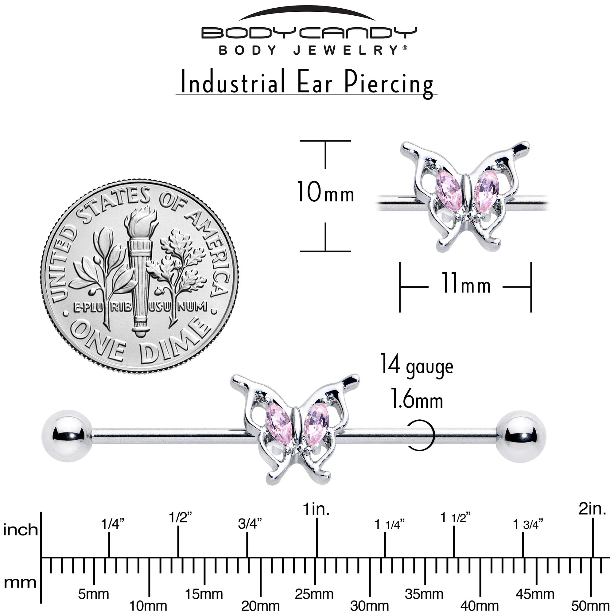 14G Pink Gem Fancy Fab Butterfly Industrial Barbell 38mm