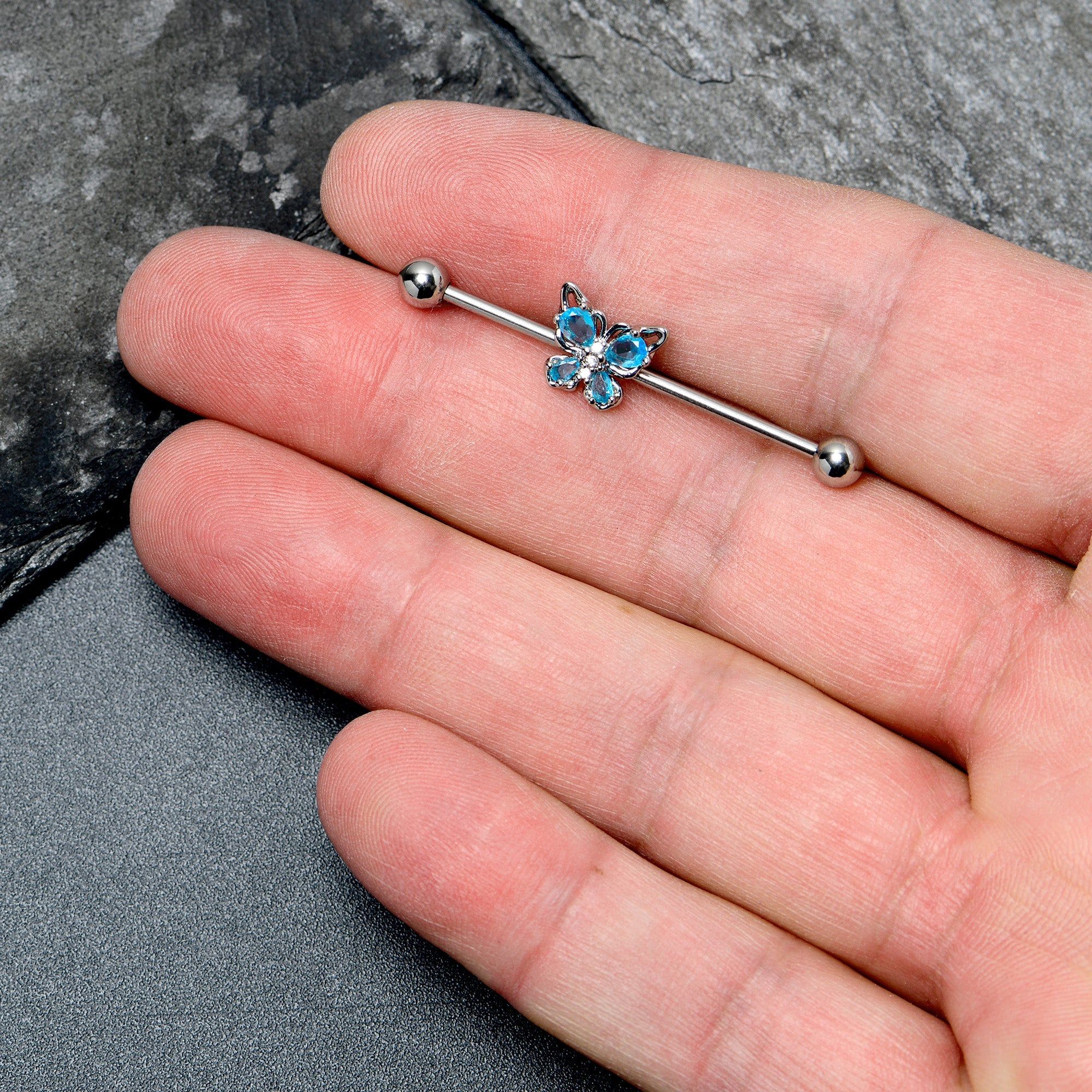 14G Blue Gem Baroque Beauty Butterfly Industrial Barbell 38mm