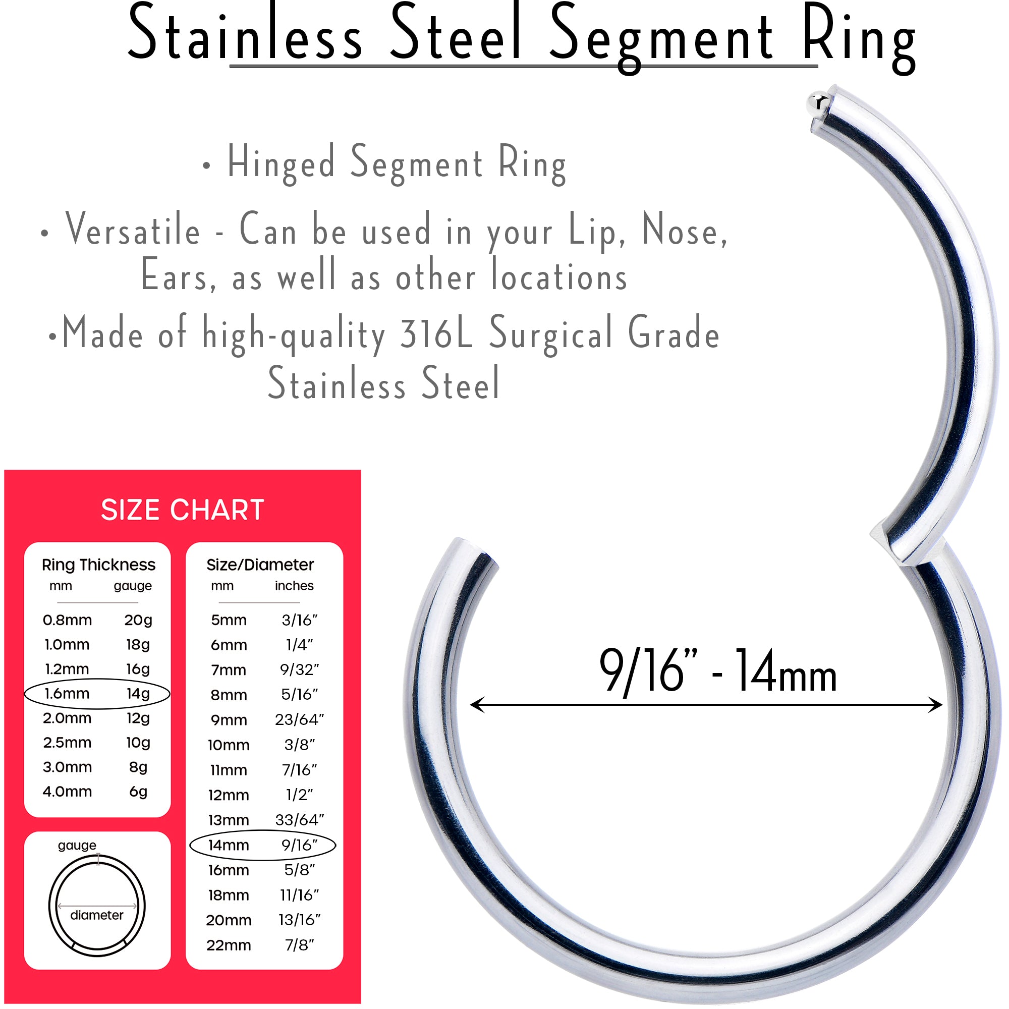 14G 9/16 316L Surgical Steel Precision Hinged Segment Hoop