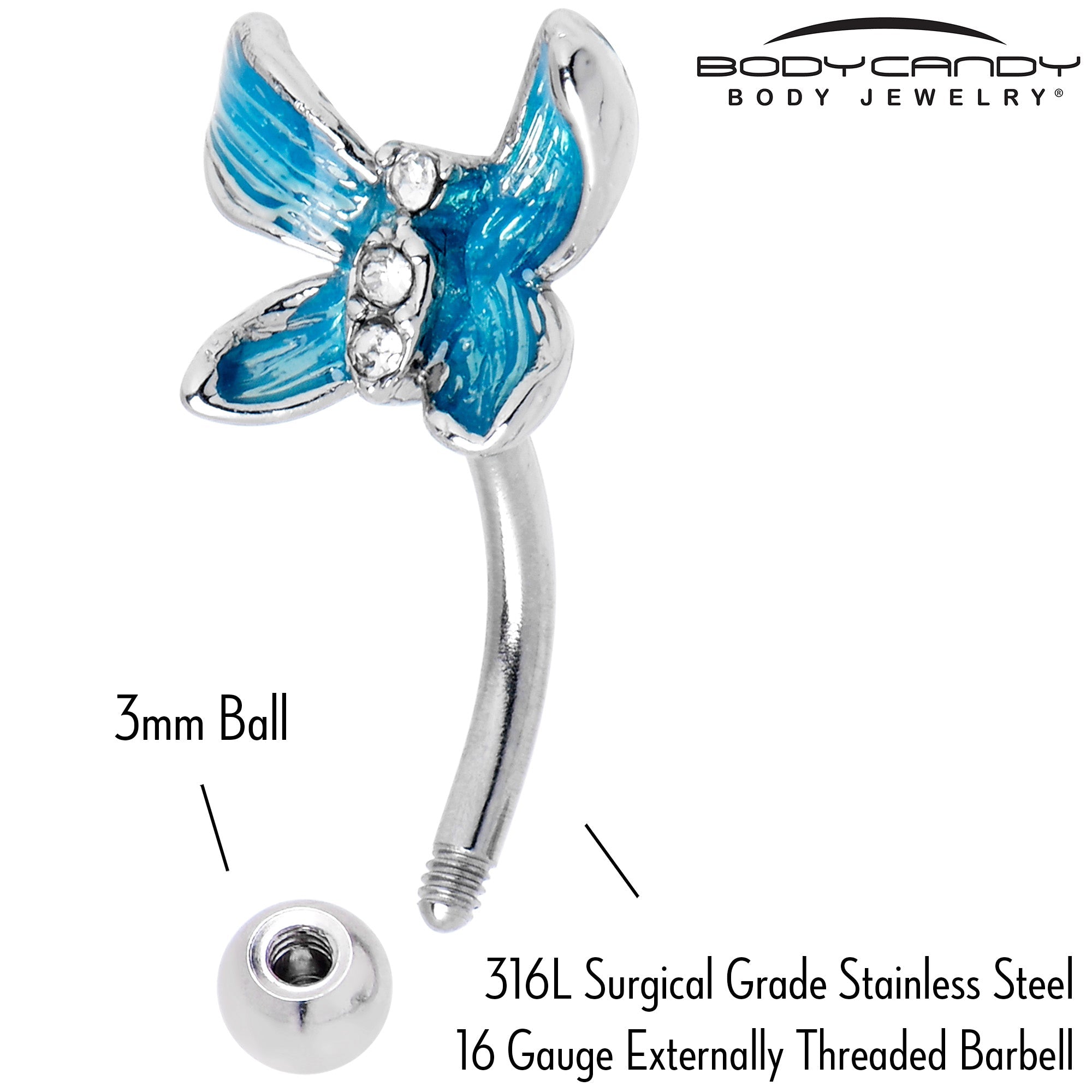 16G 5/16 Clear Gem Chunky Butterfly Blue Curved Eyebrow Ring