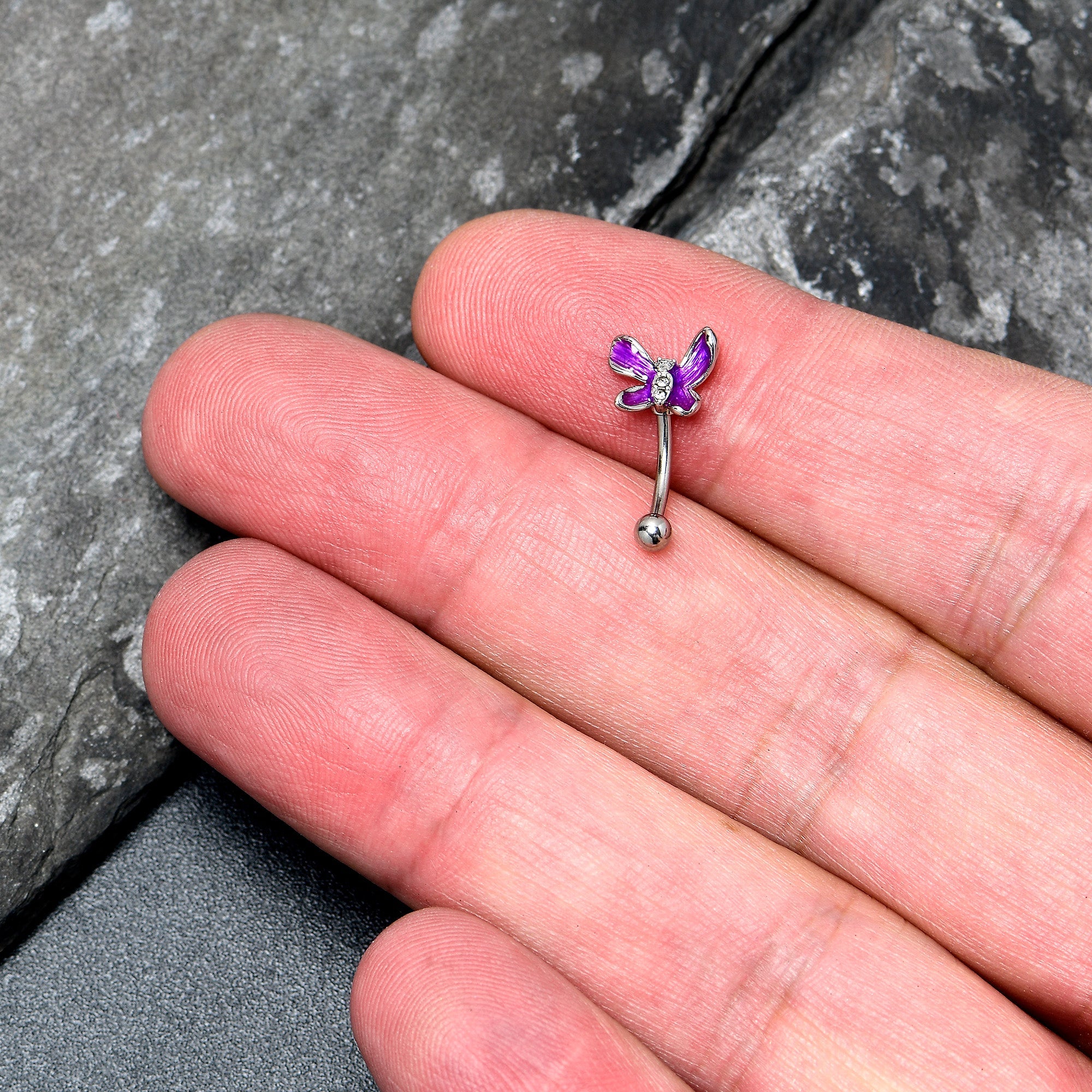 16G 5/16 Clear Gem Chunky Butterfly Purple Curved Eyebrow Ring