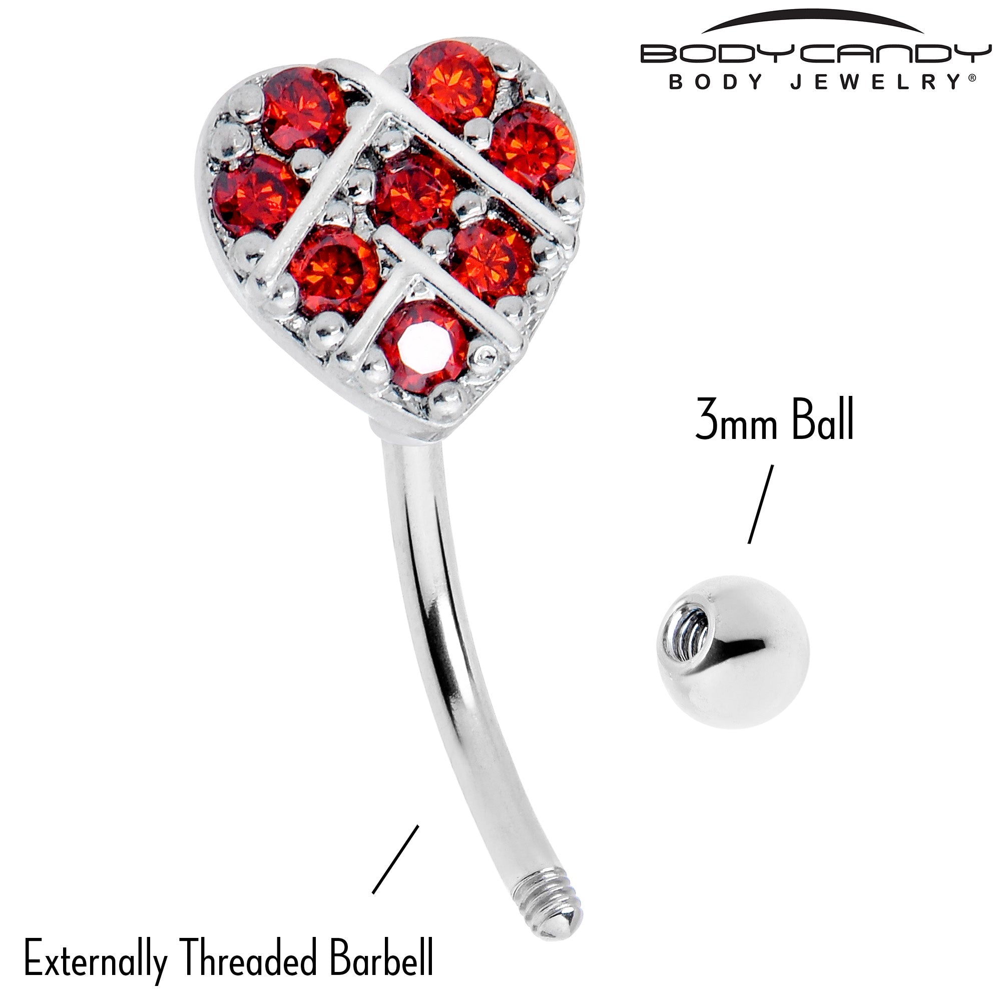 16G 5/16 Red Gem Lattice Heart Curved Eyebrow Ring