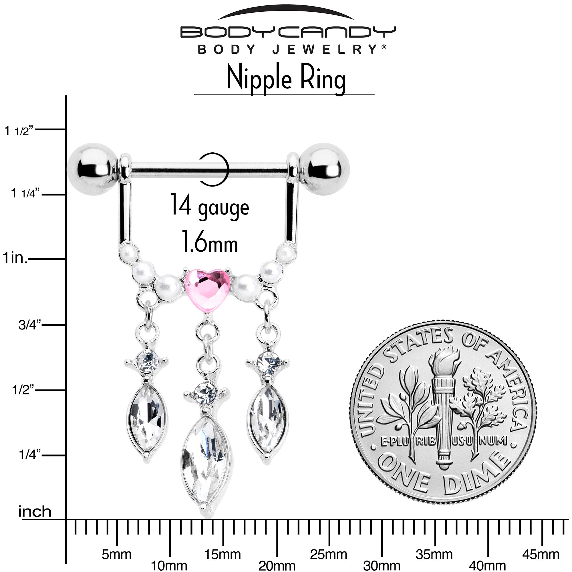 14G 9/16 Pink Gem Heart Triple Drop Dangle Nipple Ring Set