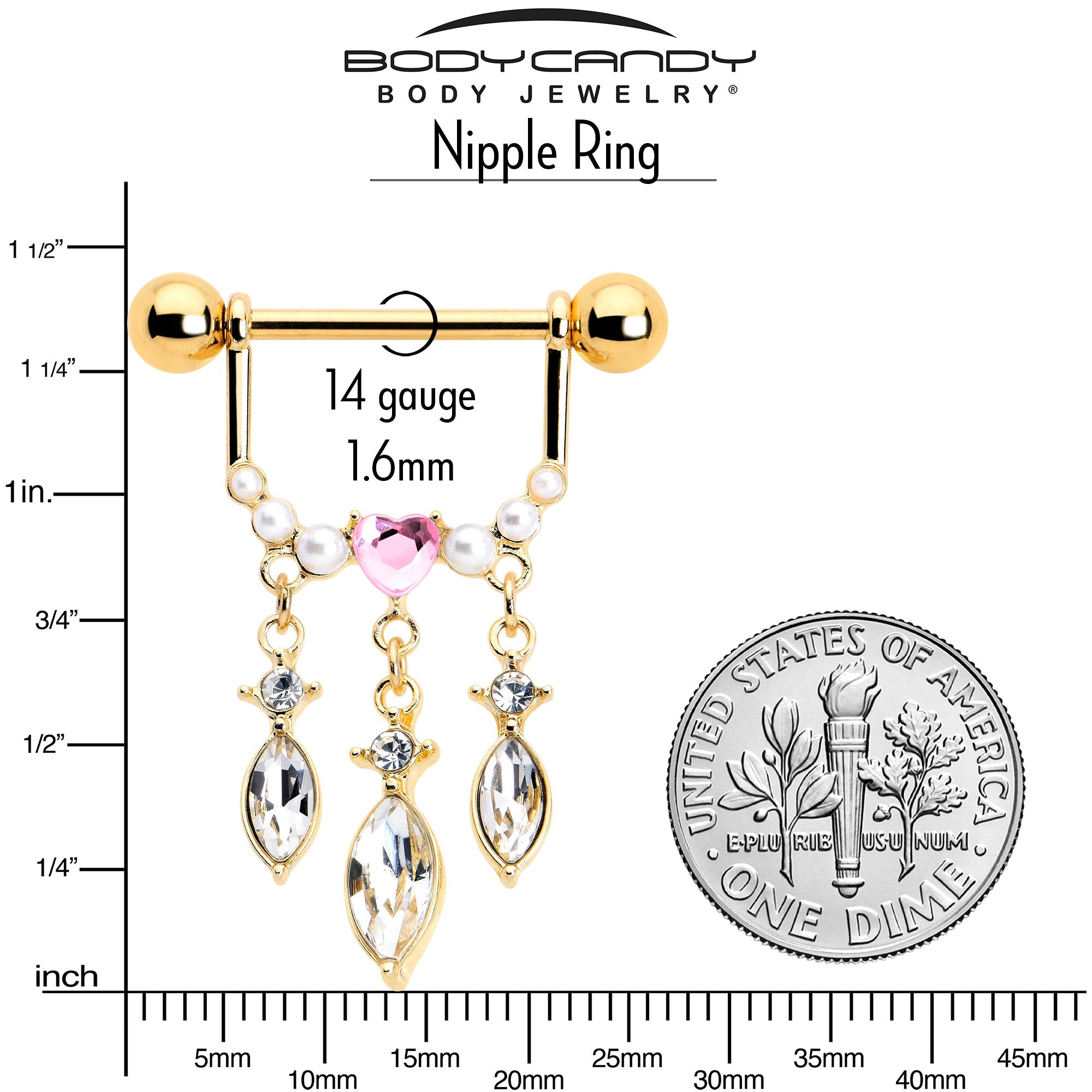 14G 9/16 Pink Gem Gold Tone Heart Triple Dangle Nipple Ring Set