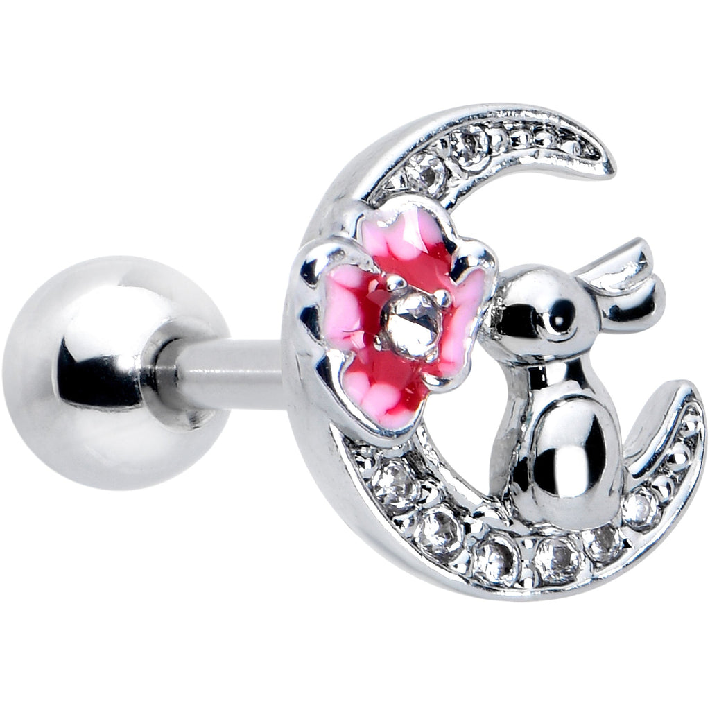 16G 1/4 Clear CZ Gem Rabbit on the Moon Pink Cartilage Earring