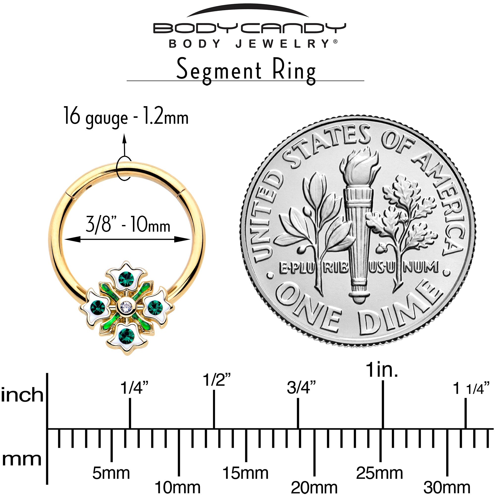 16G 3/8 Green Gem Gold Tone Flower Wreath Hinged Segment Ring