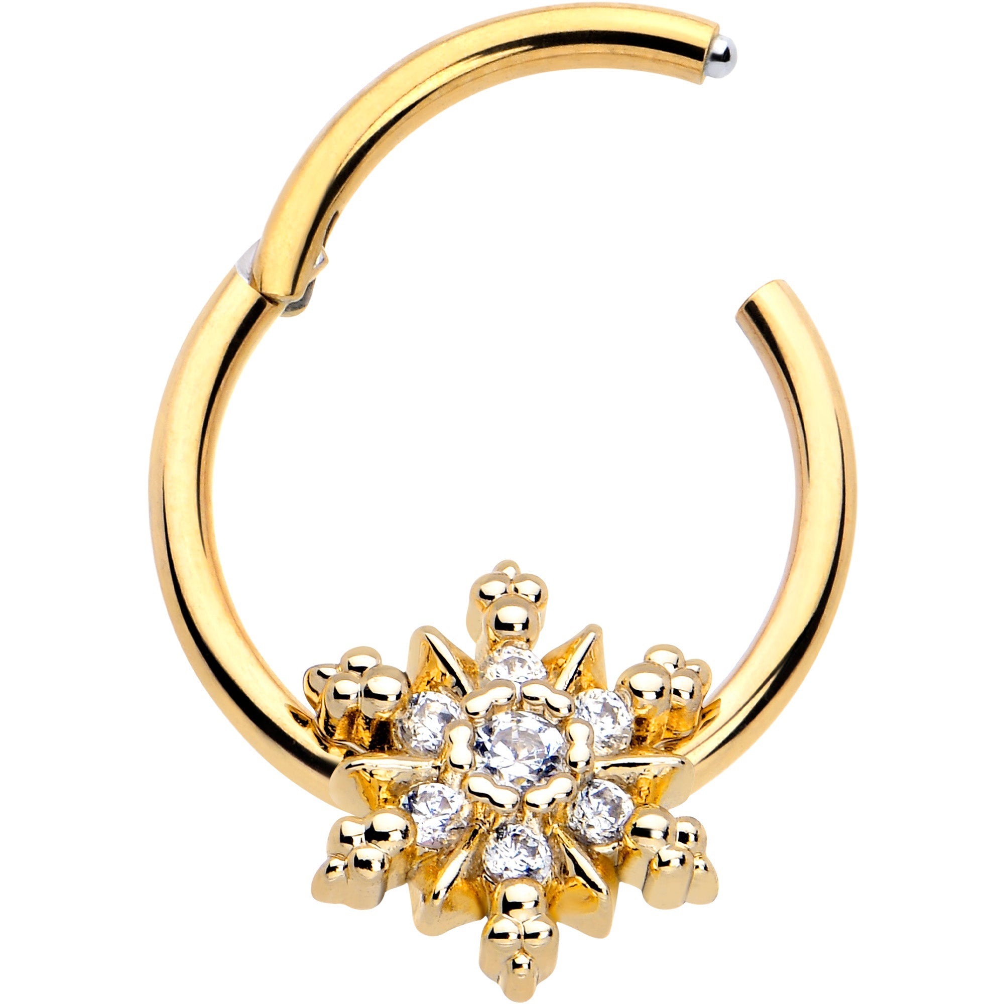 16G 3/8 Clear CZ Gem Gold Tone Glam Snowflake Hinged Segment Ring