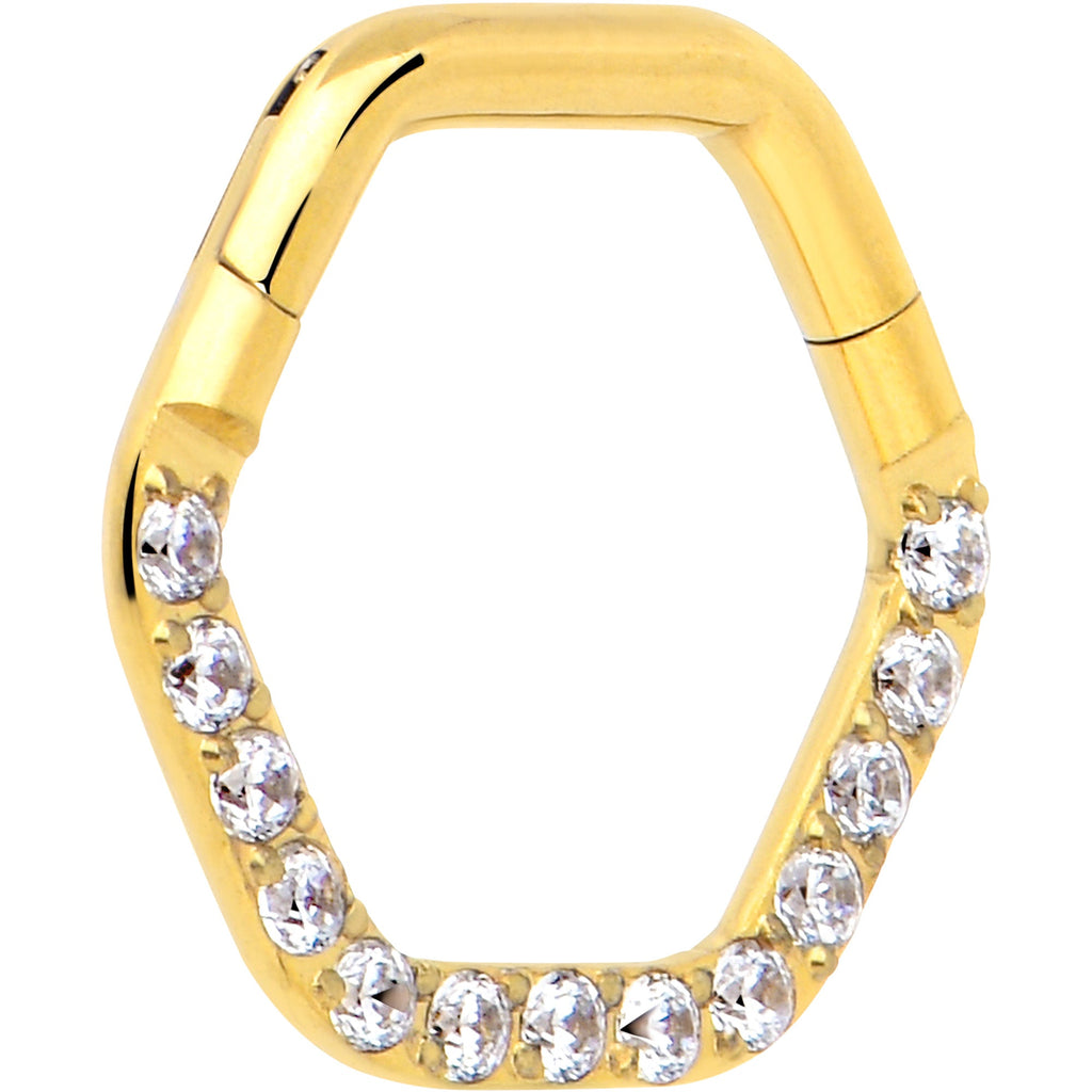 16G 5/16 Clear CZ Gem Gold Tone Hexagon Shape Hinged Segment Ring