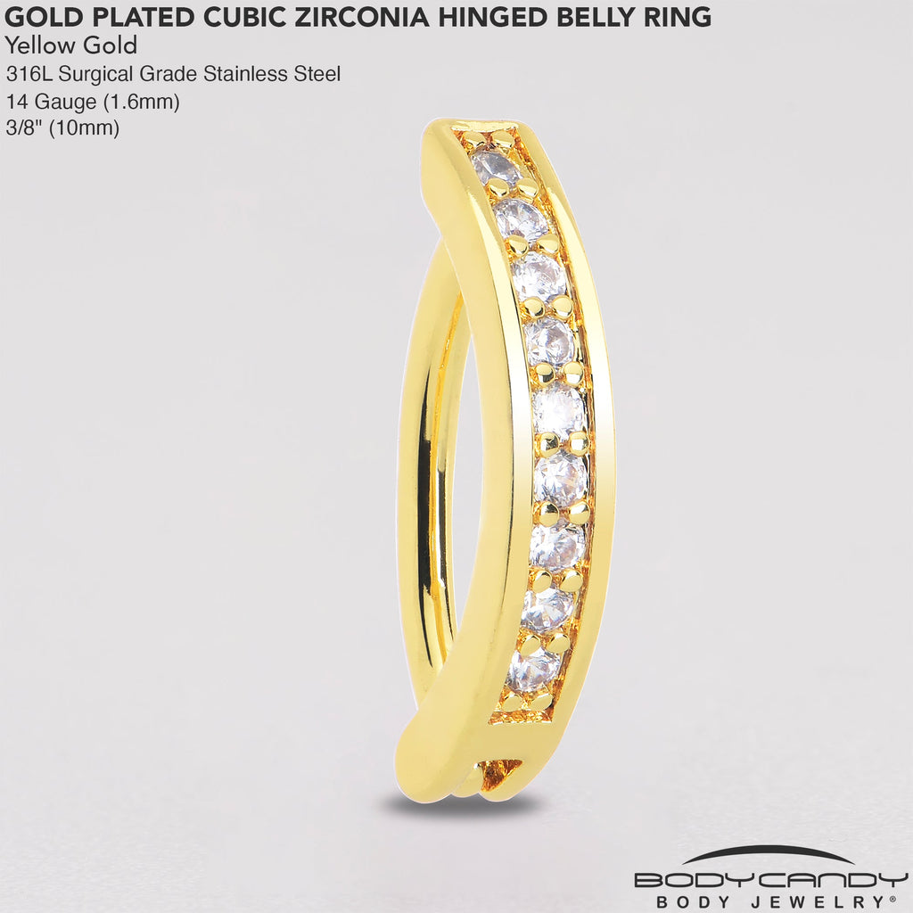 Clear CZ Gem Gold Tone Paved Row Perfection Hinged Hoop Belly Ring