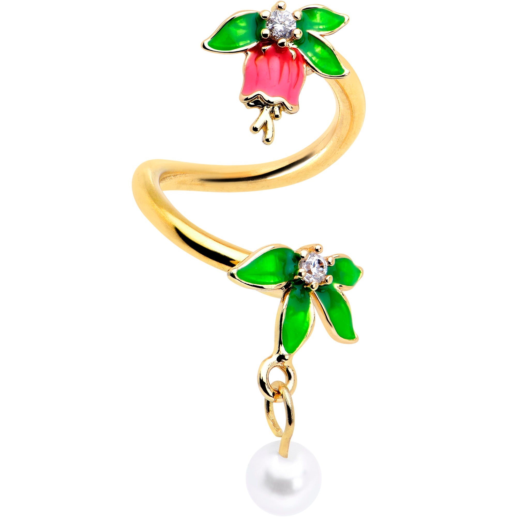 Clear CZ Gem Gold Tone Bell Flower Spiral Twister Belly Ring