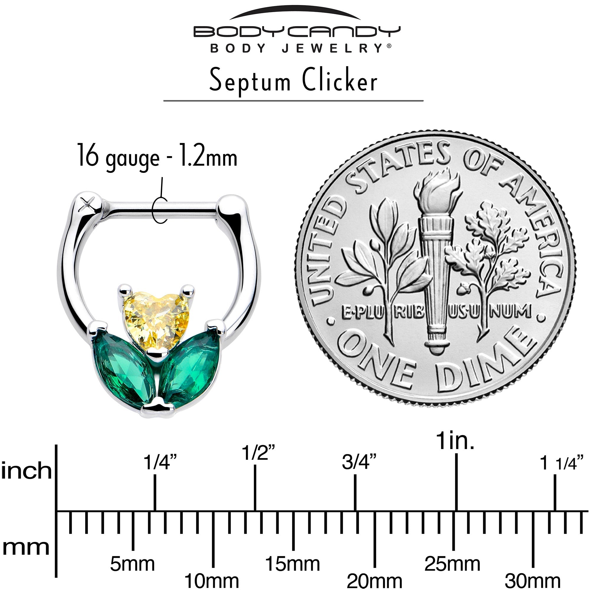 16G 5/16 Yellow Green CZ Gem Love Flower Cartilage Clicker