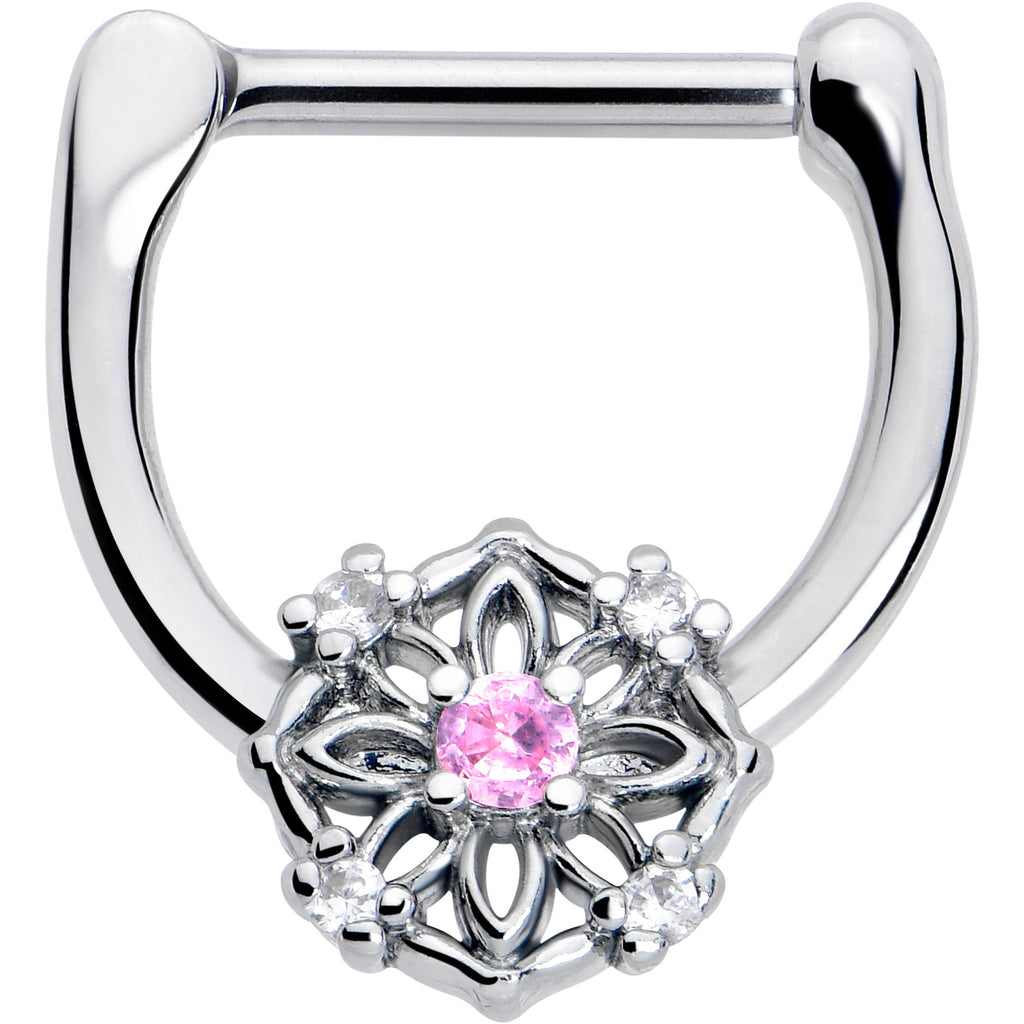 16G 5/16 Pink Clear CZ Gem Flower Circle Cartilage Clicker