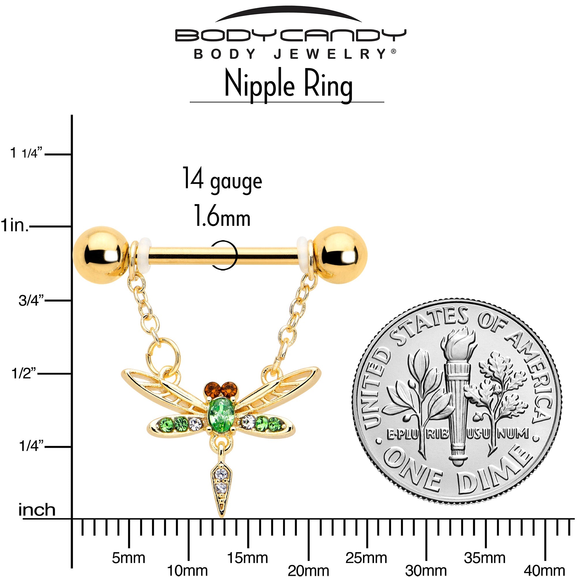 14G 9/16 Green Gem Gold Tone Swank Dragonfly Dangle Nipple Ring Set